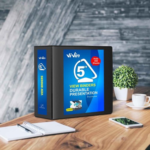 ViVin Durable 5 inch D Ring View Binder, Large 5" Slant-D Ring with 950-Sheet Capacity, Fit 8.5" x 11" Paper, 2 Pack(Black)