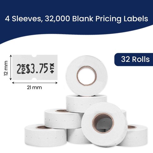 Perco 1 Line Freezer Adhesive Labels - 32 Rolls, 4 Sleeves, 32,000 Blank Price and Date Gun Labels for Perco Lite, X, Plus and Pro 1 Line Price and Date Guns - Made in USA