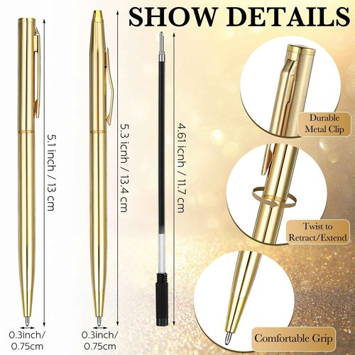 Fuutreo 200 Pack Wedding Gold Pens Bulk Gold Metal Pens Slim Ballpoint Retractable Ballpoint with Black Ink Mini Conical for Wedding Favors Guests, Office Business Teachers,1.0 mm