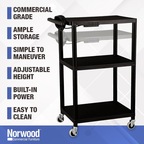 Norwood Commercial Furniture Mobile Utility AV Cart with Power Strip and Casters, Rolling Presentation and Media Cart on Wheels, Black