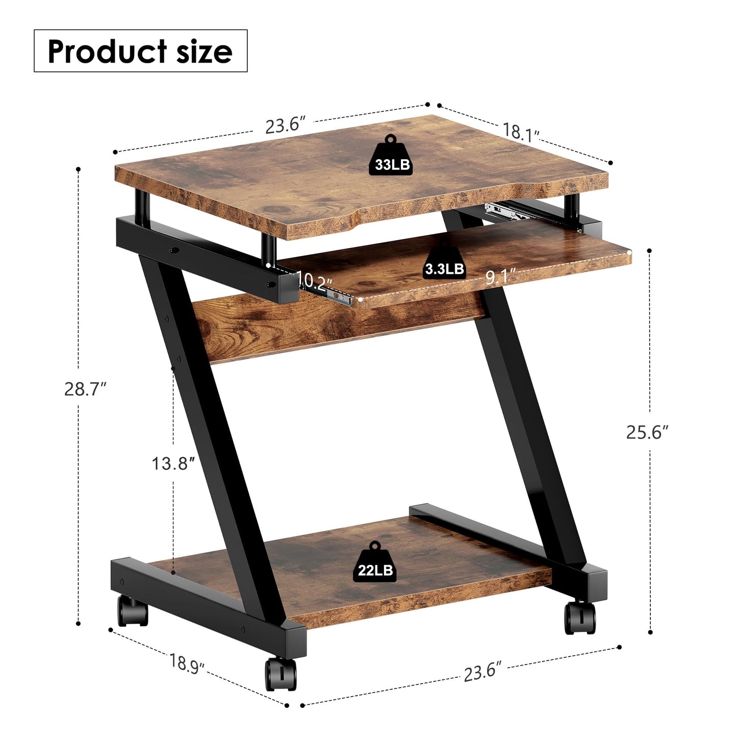 soges Small Rolling Computer Desk, Z Shape Laptop Desk Cart on Wheels, Mobile Computer Workstation for Home and Office with Keyboard Tray, Rustic Brown