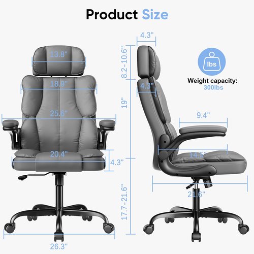 Kensaker Executive Leather Office Chair, Computer Chair with Thick Cushion & Lumbar Support, Ergonomic Desk Chair with Adjustable Headrest & Armrests,Grey