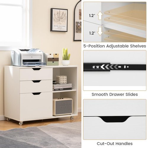Giantex 3 Drawer File Cabinet, Office Storage Cabinet Fits Files Letter, A4, Legal Size, Rolling Printer Stand with Adjustable Shelf, Office Organization and Storage, Lateral Filing Cabinet (White)