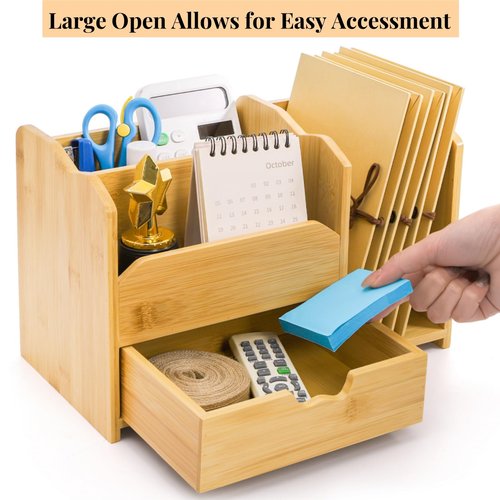 ZAVOOS Bamboo Desk Organizer, Multi Use Tabletop Storage Office Supplies with Drawer Pen Holder, 5 Compartments Heavy Duty Desk Accessories for Home Office Organization, No Assembly Required
