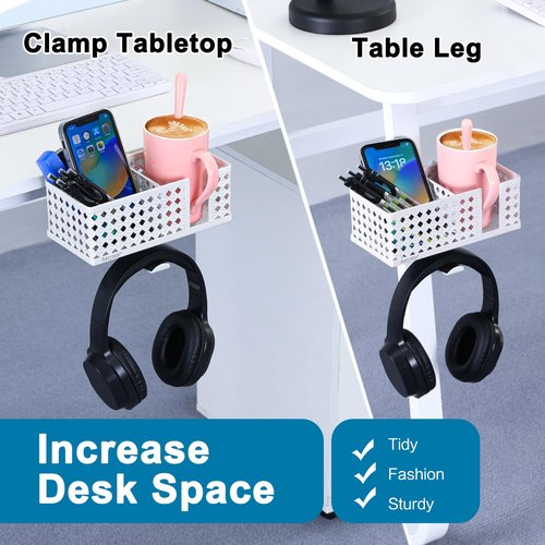 Aurynns Desk Cup Holder, Clip on Cup Hook, Pen Holder Clamp Desk Organizer Pencil Holder Phone Holder Desk Storage for Office School Home (White)