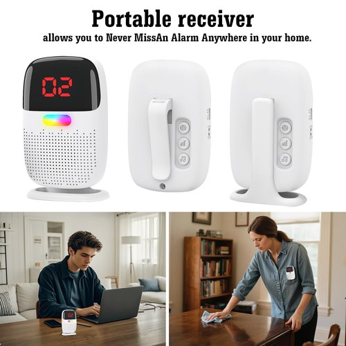 Caregiver Pager System with Digital Display for Elderly Assistance, Fall Prevention, and Nurse Calling,Wearable Wireless Pager for Patient Help at Home (2 Call Buttons + 2 Receivers)