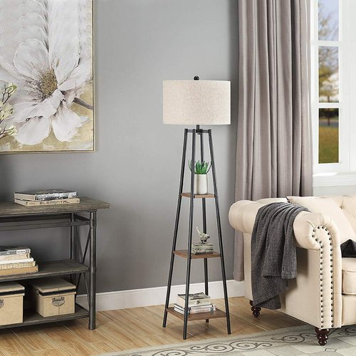 ROSEN GARDEN Floor Lamp, Standing Reading Light with Shelves and Fabric Shade, Modern Tall Pole Lamp, Accent Furniture Décor Lighting for Living Room, Bedrooms