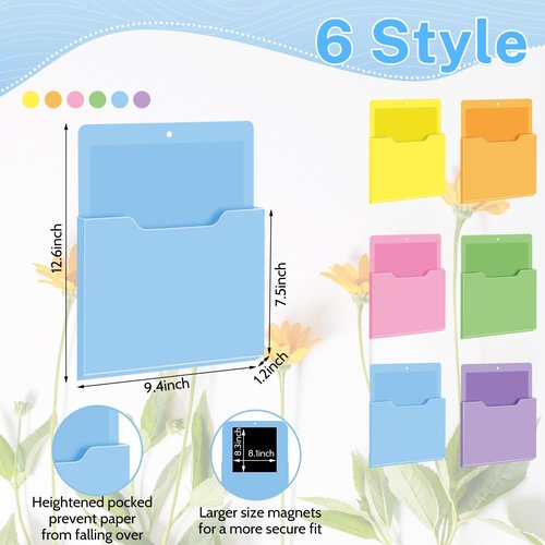 Fuutreo 6 Pcs Magnetic Wall File Organizer Magnetic Wall File Holder Refrigerator Magazine Holder for Mail Letters Paper(Macaron Color,10 x 13 Inch,Vertical)