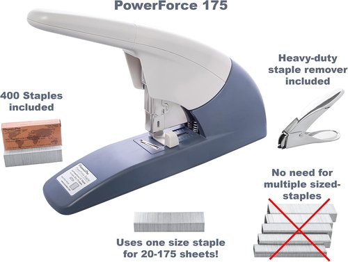 PowerForce 175 Heavy Duty Flat Clinch Stapler - Staples 20 to 175 Sheets | Includes 400 Staples & Remover