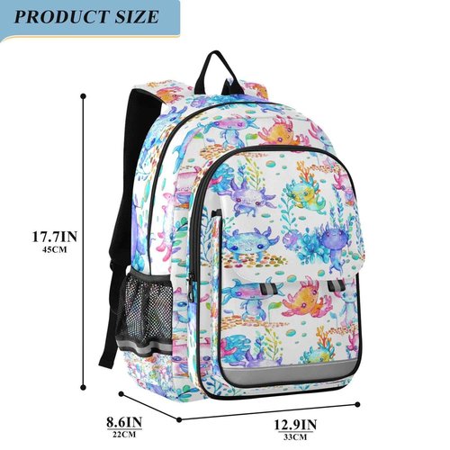 Glaphy Watercolor Cute Axolotl Backpack Lightweight Laptop Backpack School Bag Student Travel Daypack with Reflective Stripes