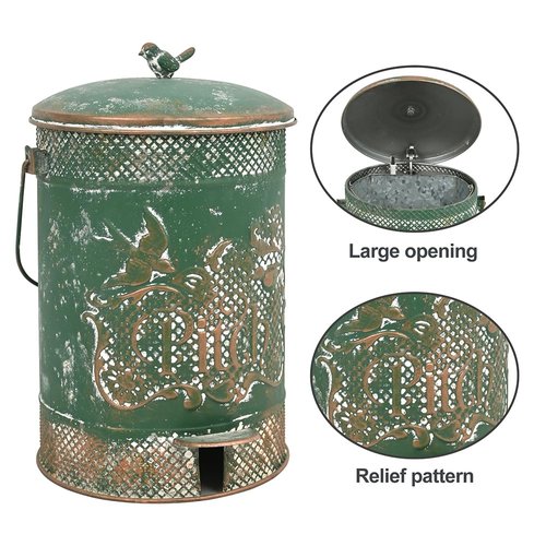 Chadechimo Farmhouse Garbage Can with Lid Indoor Outdoor Trash Can with Embossed Bird and Flowers PatternMetal Retro Kitchen Trash Can with Lid for Kitchen Room and Garden Decor (Green)