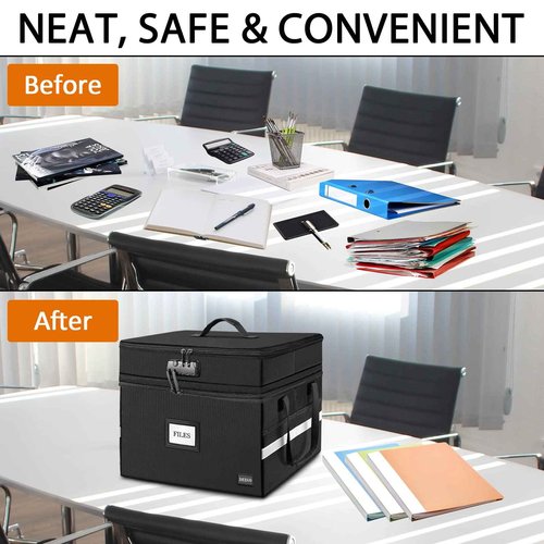 DEEGO 2 Layer Fireproof Document Box with Lock, Large Document Organizer with Pockets, Portable Collapsible File Box Document Safe for Home Office for Hanging Letter/Legal Folder