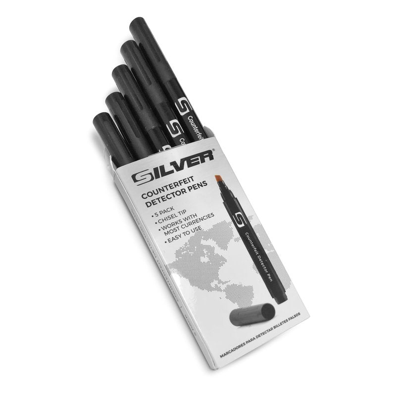 SILVER by AccuBANKER (5 Counterfeit Pens) Counterfeit Bill Detector Pen with Chisel Tip, Money Checker, Detector Pen Detects Fake Counterfeit Bills from Most World Currencies