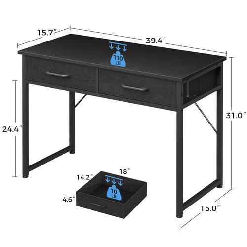 Casaottima 40 Inch Small Office Computer Desk with 2 Drawers & Headphone Hook - Compact Writing Desk for Home Office, Study or Work, Modern Space-Saving Design for Small Spaces, Black