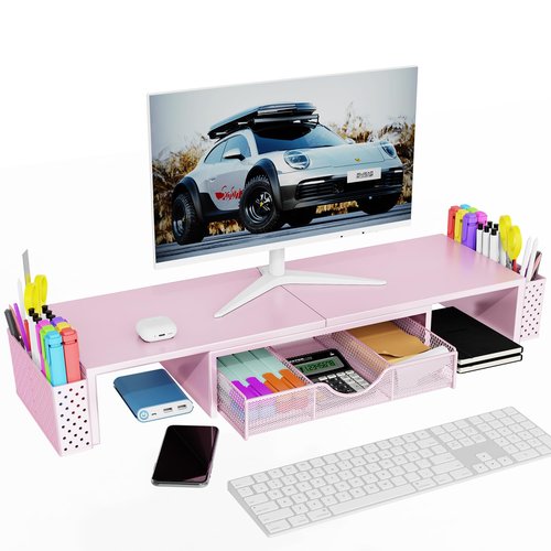 Spacrea Metal Desk Organizers and Accessories, Dual Monitor Stand Riser with Drawer and 2 Pen Holders, Desk Accessories & Workspace Desktop Organizers for Office Supplies (Pink)