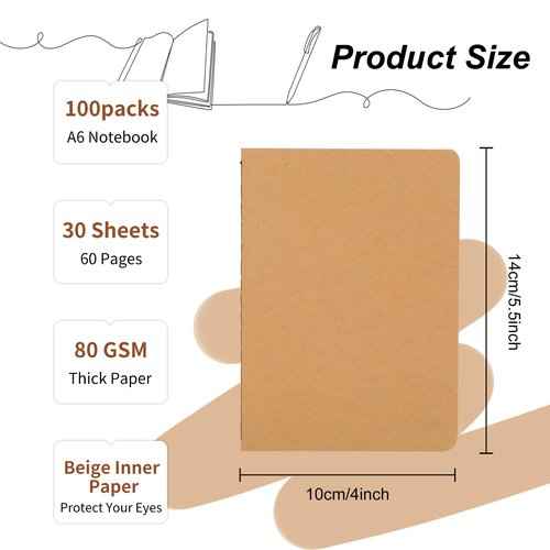 100 Packs Kraft Small Blank Notebooks, Unlined Mini A6 Journals Bulk, Blank Notepads for Kids Student Back to School, Office, Sketching, Drawing, Writing Supplies, 5.5" X 4", 30 Sheets/60 Pages