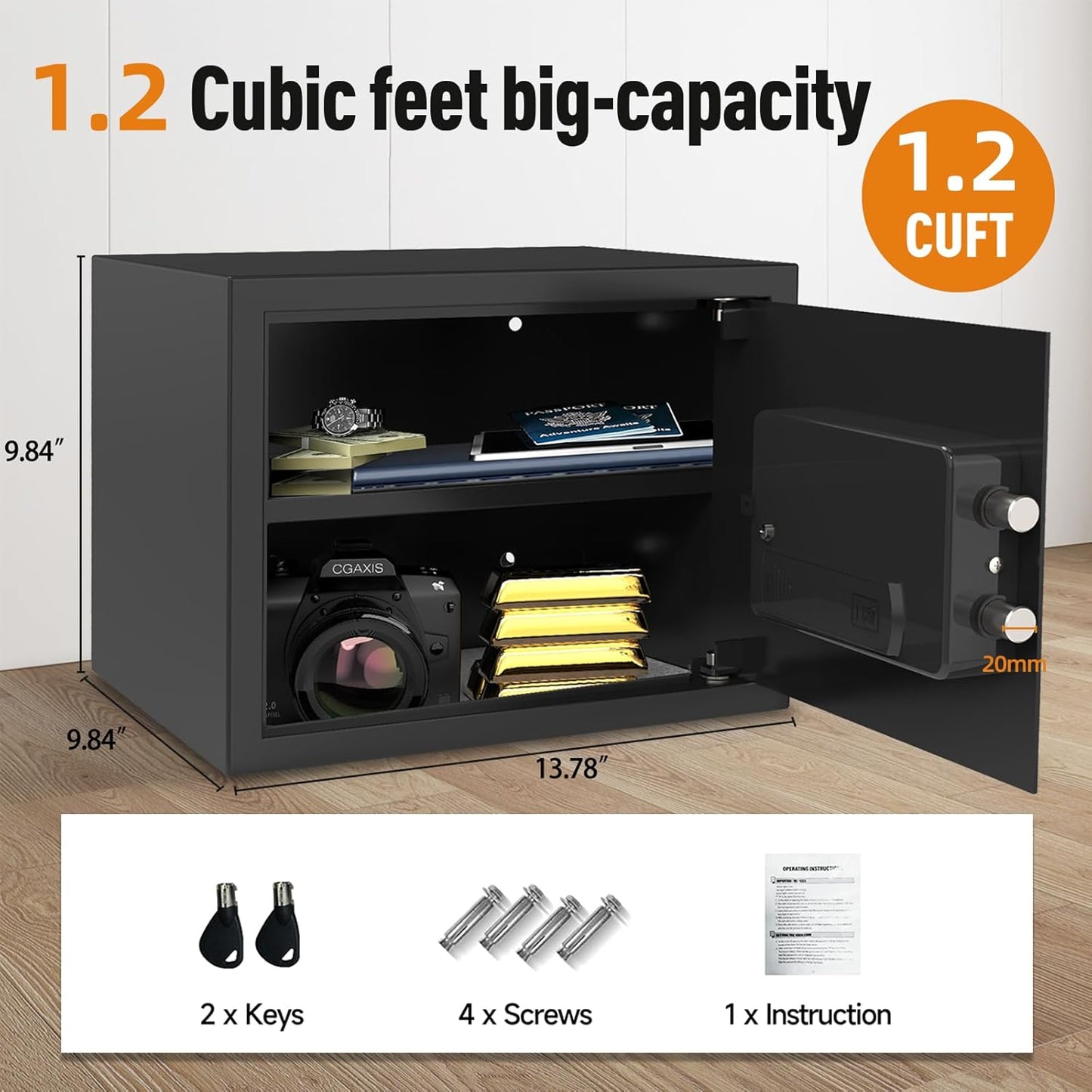 <1.6 cu.ft.>Goldenkey Digital Safe with Electronic Keypad, Document Safe with Removable Shelf, Personal Safes Box Perfect for Guns, Laptop for Home, Office, Hotel, 11.81"D x 14.96"W x 11.81"H