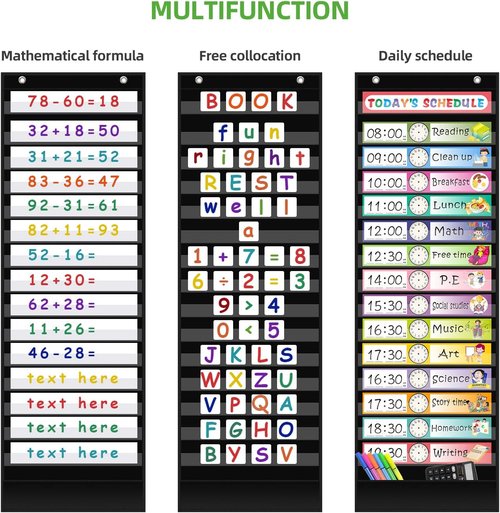 Regeleto Daily Schedule Pocket Chart - 15+1 Pockets with 30 Double-Sided Reusable Cards | Black