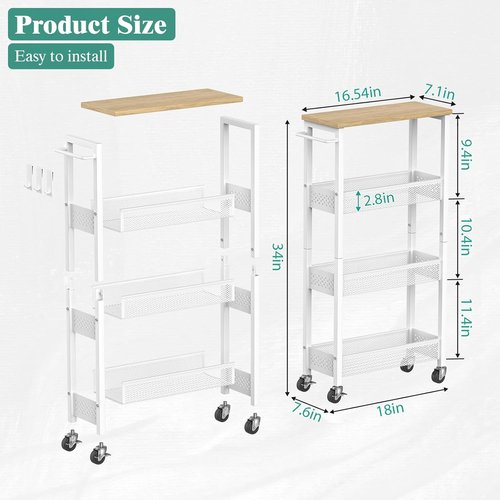 Giwil Slim Rolling Storage Cart - 4-Tier Bathroom Organizer with Wood Top & Handle | White