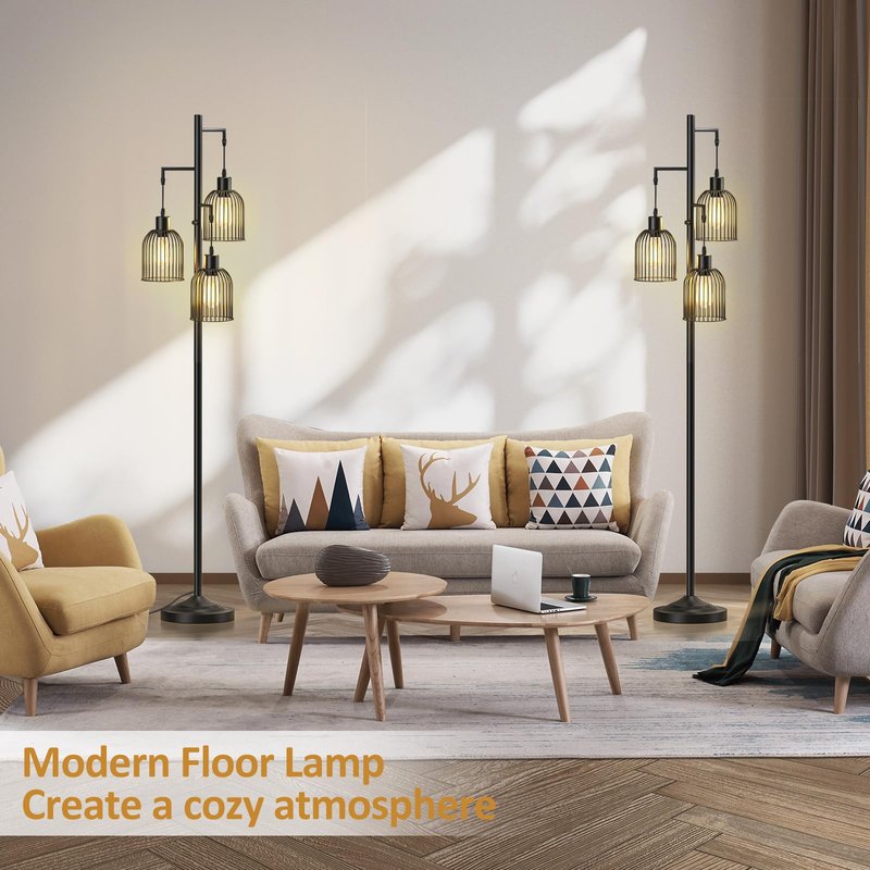 CNXIN Stepless Dimmable Floor Lamps with Hanging Lampshades 3 Lights Boho Floor Lamps with 3 PCS 6W Bulbs Tree Standing Lamp Tall Pole Lamp for Living Room Bedroom Office, Black