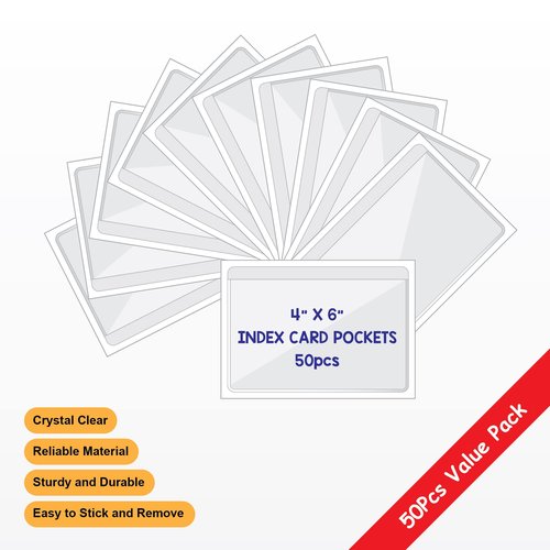 Clear Adhesive 4" x 6" Index Card Pockets with Top Open for Loading, 50 Pack, Plastic Labels Holders for Storage Bins and Library Card, Organizing and Protecting Your Index Cards or Photos