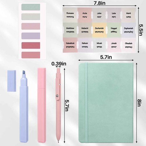 Qeeenar 32 Pcs Large Bible Cover Gift Set with 12 Pastel Markers 6 Gel Pens 6 Bookmarks 6 Sheet Bible Tabs and Lined Journal Notebook for Women Office Home Teachers Supplies
