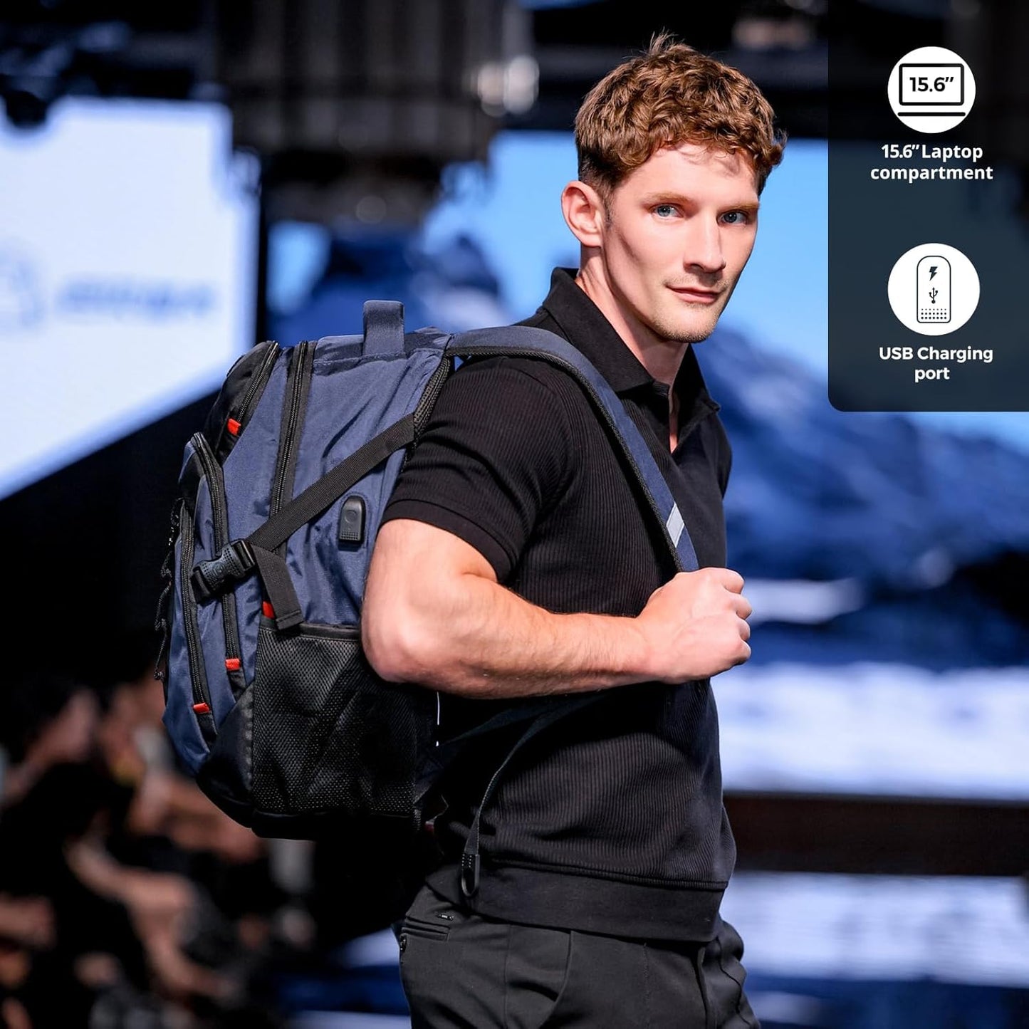 Swissdigital Laptop Backpack - USB Charging Port, Fits 15.6" Laptops, 31L Travel Bag for Men, Blue/Black | Water-Repellent SD803-12