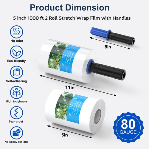 FugaCity Stretch Wrap Film-5 in 1000 FT 80 Gauge Shrink Wrap for Furniture Wrapping Shipping, Moving Supplies Clear Plastic Wrap, Heavy Duty Industrial Strength,650% Stretch(6 Roll with Handles)