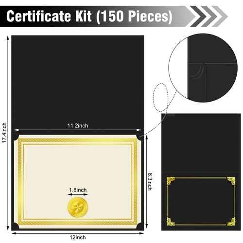 150 Pcs Certificate Kit Include 50 Certificate Holders 50 Paper and 50 Embossed Seal Stickers Diploma Covers for Graduation, Competition Supplies(Black)