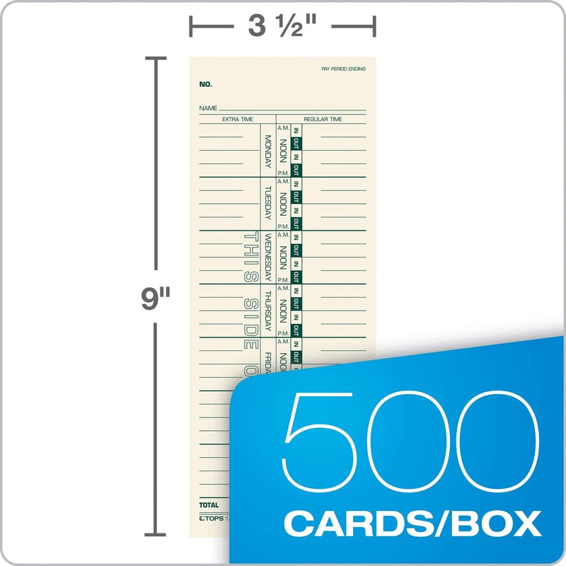 TOPS Weekly Employee Time Cards - One Sided Time Tracking Cards, Green Ink Print, 9" x 3.5", Manila Stock, Payroll Attendance Record, Ideal for Small to Large Businesses - 500 Cards (Pack of 1)