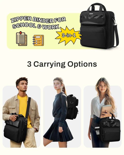 Zipper Binder 3 Ring with Ita Window, 3 Inch Binder with Zipper D-Ring Fits 14 in Laptop, 3-in-1 Shoulder/Backpack/Handle 600 Sheets Capacity for School & Office – Black
