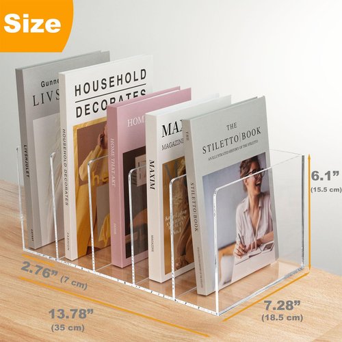 SEANADO Clear Acrylic Magazine File Holder with 5 Vertical Compartments Desk Organizer Book Rack for Home Office Desk Sorter Paper Folder Stand Bookshelf