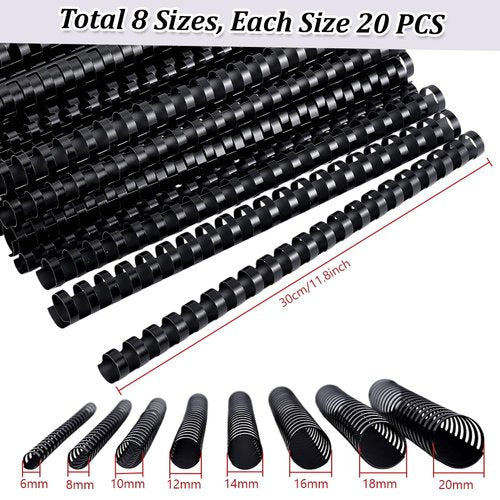 PH PandaHall 160pcs 8 Sizes Binding Combs, Plastic Comb Binding Rings 21 Ring Black Binding Spines Letter Size Spiral Binding for Notebook Calendar Picture Album, 1/4 3/8 1/2 5/8 3/4 13/16 inch