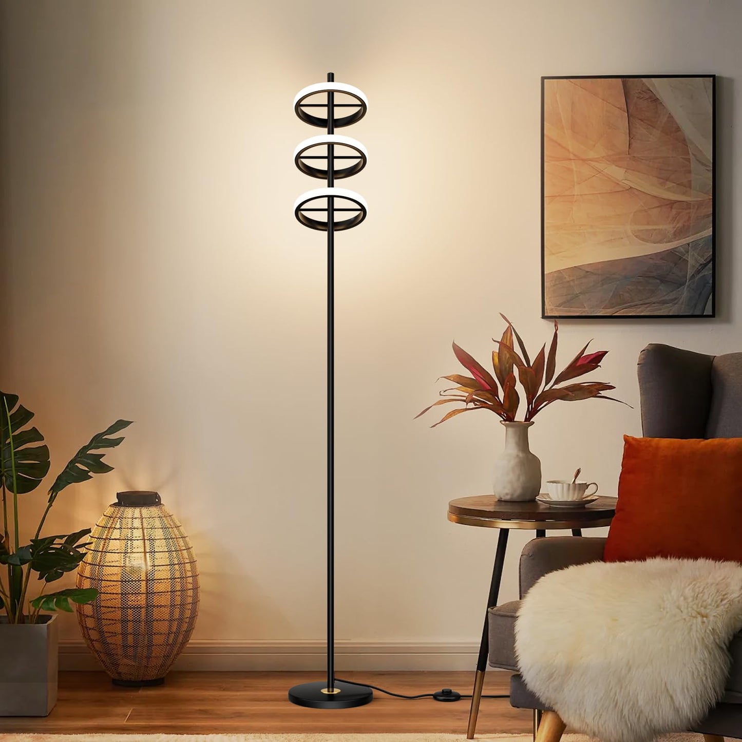 FIGDIFOR Modern LED Floor Lamp - Adjustable 3 Saturn Rings-Contemporary Tall Standing Lamp for Living Room & Office Bedroom Reading-Black