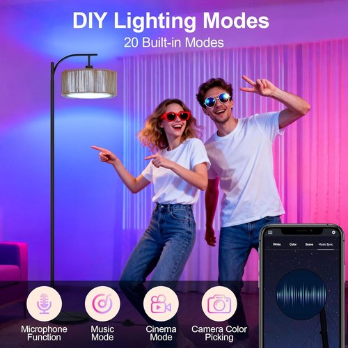 Boho Arc Floor Lamp - Dimmable RGB LED Rattan Design with Remote Control | Stylish Black Tall Lamp for Living Room & Bedroom