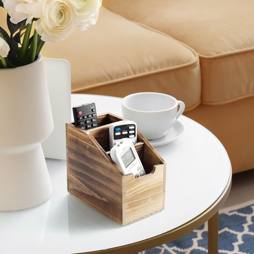 BWODYAY Remote Control Holder, TV Remote Holder, Wood Farmhouse Remote Caddy for Table, Remote Organizer Caddy with 3 Slots, Remote Storage Box for Home Office, Burnt Wood