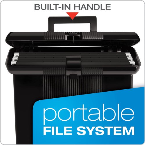 Pendaflex Portable File Box with File Rails, Hinged Lid with Double Latch Closure, Black, 3 Black Letter Size Hanging Folders Included & Portable File Box with File Rails, Hinged Lid, 3 Black Letter