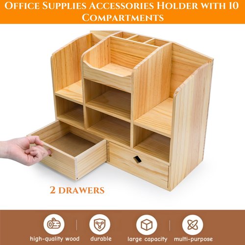 Acshio Wooden Desk Organizer with Drawers, Countertop Office Supplies Accessories Organization with 10 Compartments, Multifunctional Storage Cabinet Box Makeup Storage Shelf Rack for Home, Office