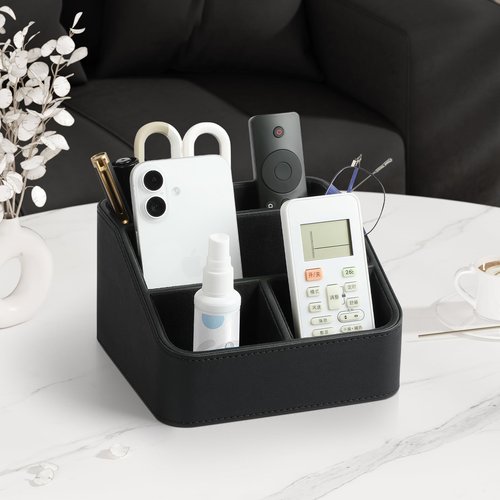 MEIBOOCH Remote Control Holder, PU Leather Small Desk Organizer for Men Women Nightstand Bedside Table Organizer Remote Caddy with Rounded Edges Design (Black)