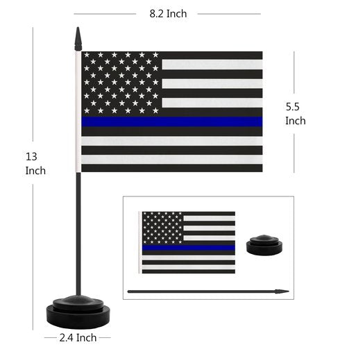 USA Thin Blue Line Police Desk Flag, 2 Pack American Policeman Table Office Flags, Small Mini Desktop Flag With 12" Solid Black Pole, Black Base, Police Celebration Event, Desk Decoration (Blue Line)