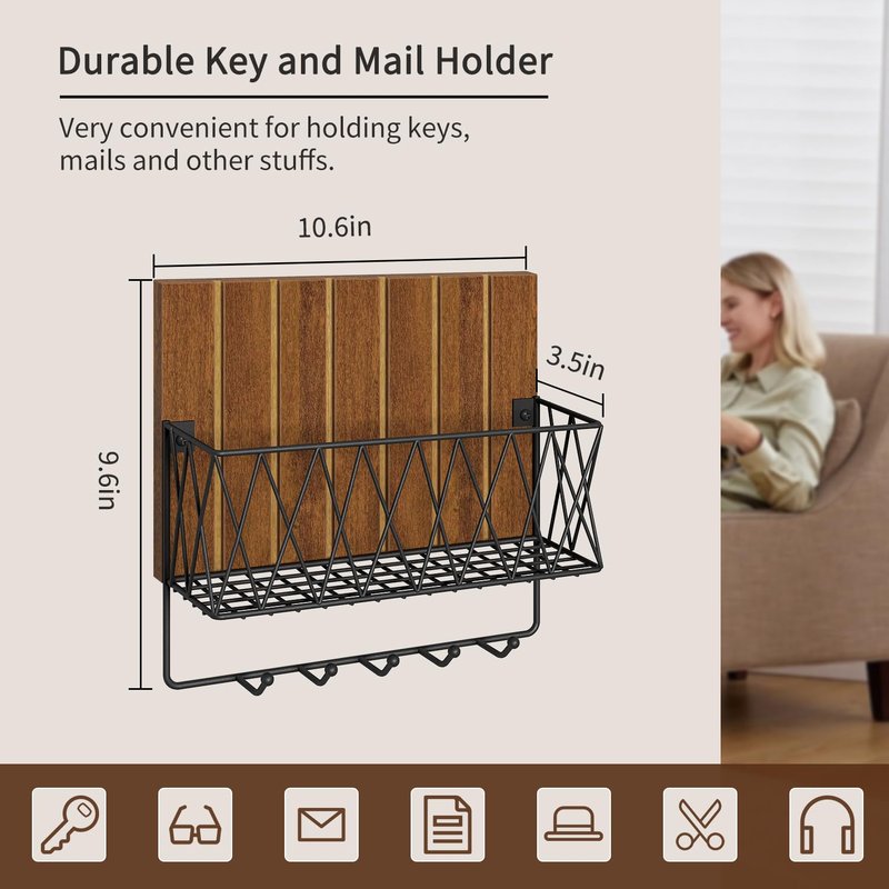 YINMIT Key and Mail Holder, Mail Organizer Wall Mounted with 5 Hooks, Key Holder Wall Mount Key Racks Key Organizer Key Hooks for Entryway Hallway Bedroom Home Decor (Brown, Small)