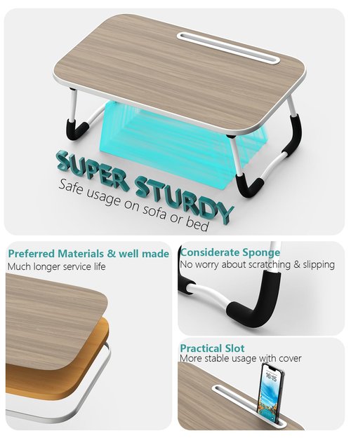 Foldable Lap Desk with Tablet Slot, Portable Laptop Desk for Bed, Lightweight Bed Desk for Working Writing Drawing Eating on Couch Floor, Brown (20.8"×11.8")