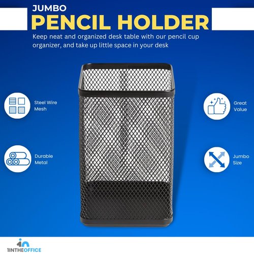 1InTheOffice Pencil Cups for Desk, Jumbo Pencil Holder, Stackable Wire Mesh Jumbo Pencil Holder, Matte Black 2 pack