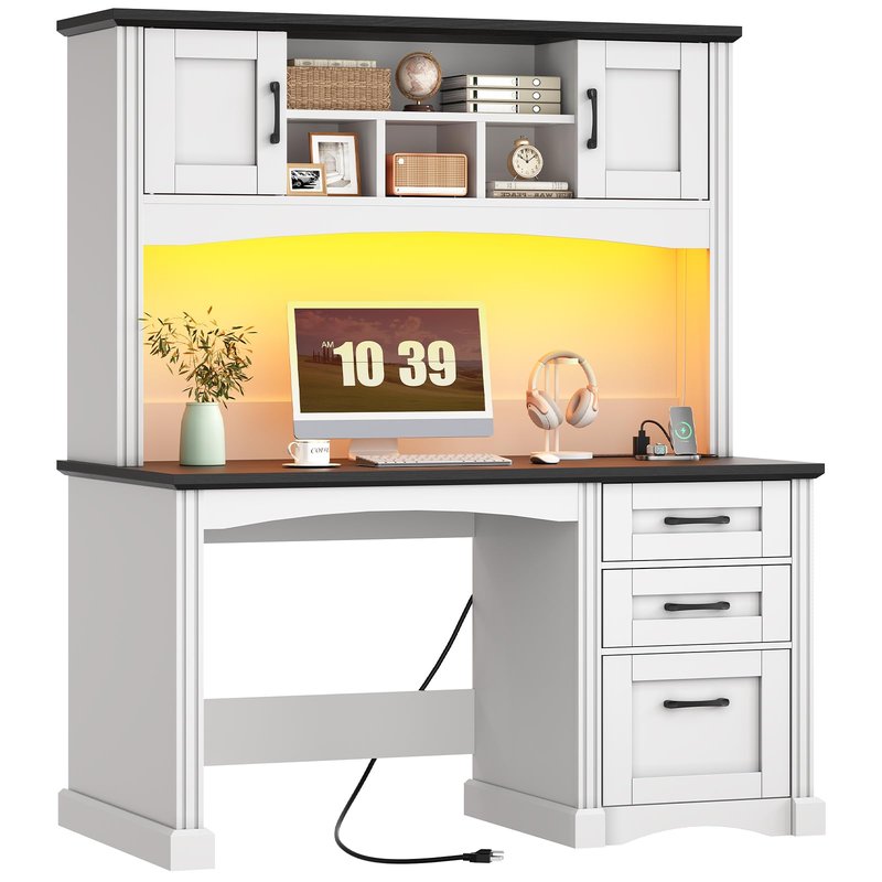 HOOBRO Farmhouse Computer Desk with Hutch and LED Light, 47.4" Large Home Writing Desk with File Drawer and Charging Station, Wooden Executive Desk for Home Office, Study, White and Black BW120UDDN01