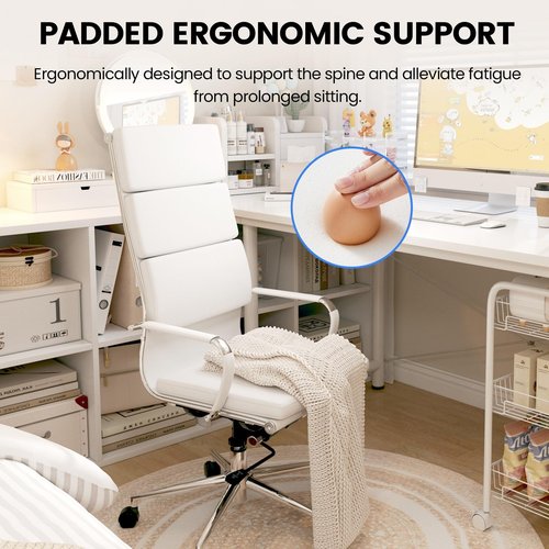 GTPOFFICE Ribbed Office Desk Chair High Back Ergonomic Chair with Wheels Cute Modern Executive Chair Bonded Leather Lumbar Support Computer Chair Swivel Tilt, Snow White