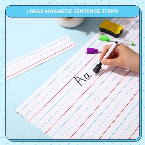 Lincia 12 Pcs Magnetic Sentence Strips Set Include 2 Jumbo 17' x 22' Magnetic Dry Erase Board with Lines 10 24' x 2. 4' Dry Erase Board with Lines Sentence Strips for Teachers Teaching Supplies