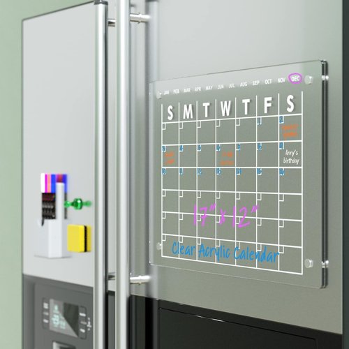 Magnetic Acrylic Calendar - 17"x12" Clear Dry Erase Board for Refrigerator | Includes 4 Markers & Eraser