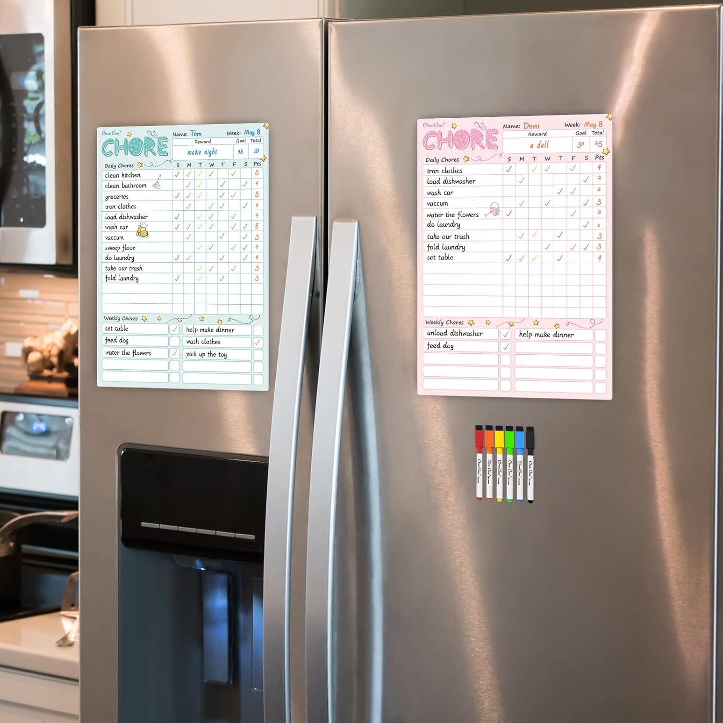 Skiennix Magnetic Dry Erase Chore Chart - 8.5"x12" Kids' Responsibility Board | Includes 6 Fine Point Markers - Blue & Pink