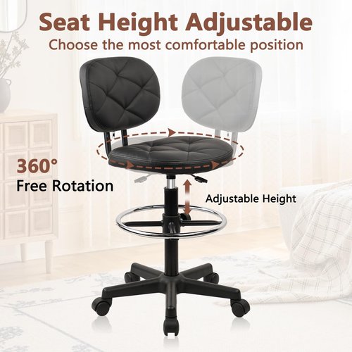 KLASIKA PU Leather Rolling Stool with Foot Rest and Back Support, Adjustable Diamond Upholstered Drafting Chair with Wheels, Multi-Purpose Desk Chair for Home Office Bar Kitchen Shop, Black (1PK)