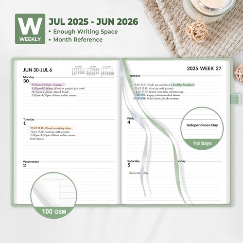 SUNEE 2025-2026 Weekly & Monthly Hardcover Planner 5.5" x 8.3" - 12 Month (July 2025 - June 2026), Small Academic Year Calendar Planner, Pocket, Notes, 100 GSM Paper, Sage Green